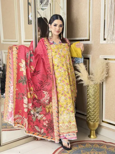 Bin Sayeed Inspired Premium Cotton 3 Piece (red & yellow)