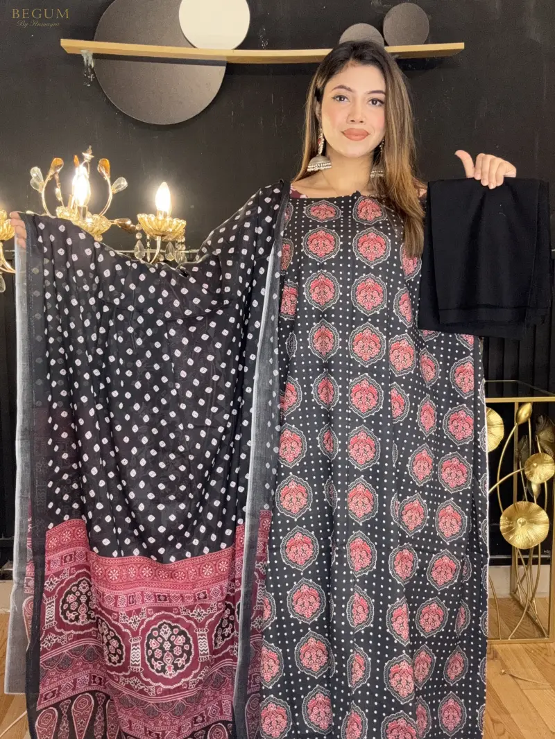 Premium Fine Cotton Three Piece (Black & Maroon)