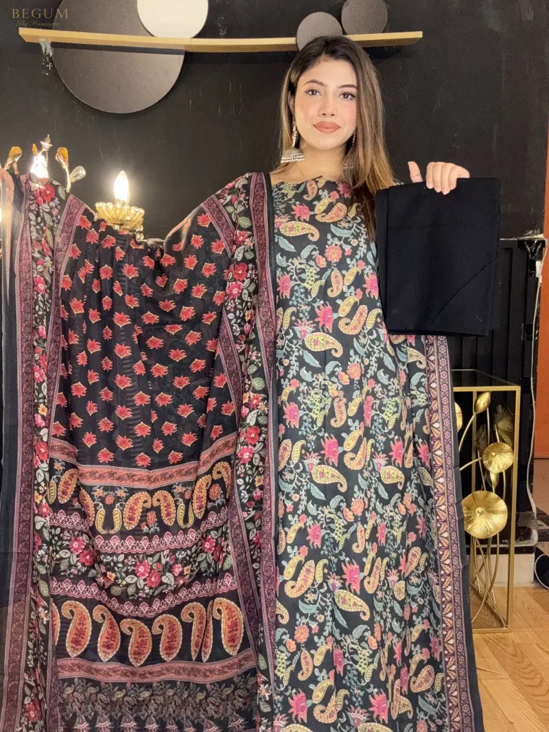 Premium Fine Cotton Three Piece (Kalamkari black)