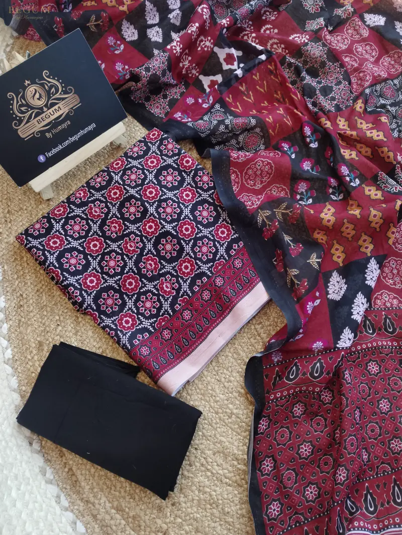 Premium Fine Cotton Three Piece (Black Joypuri print)