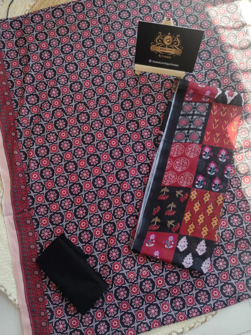 Premium Fine Cotton Three Piece (Black Joypuri print)