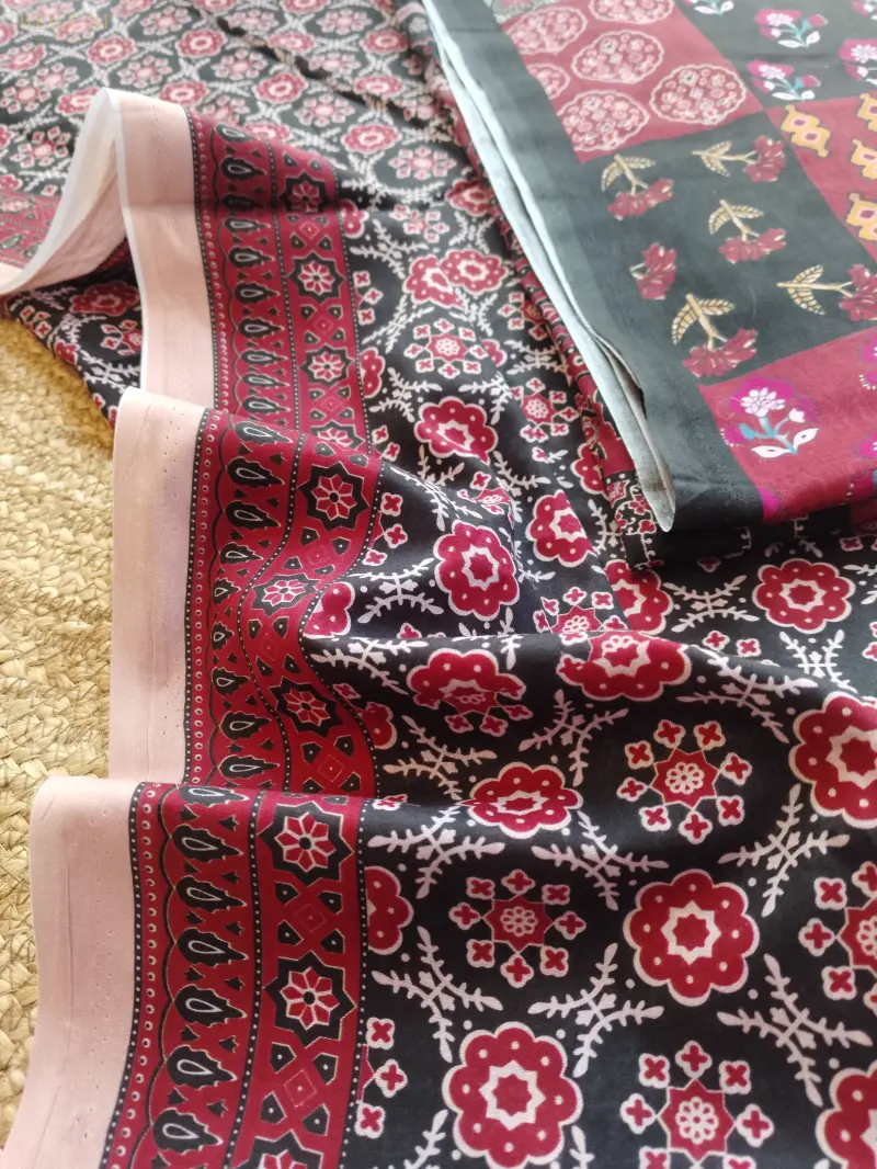 Premium Fine Cotton Three Piece (Black Joypuri print)