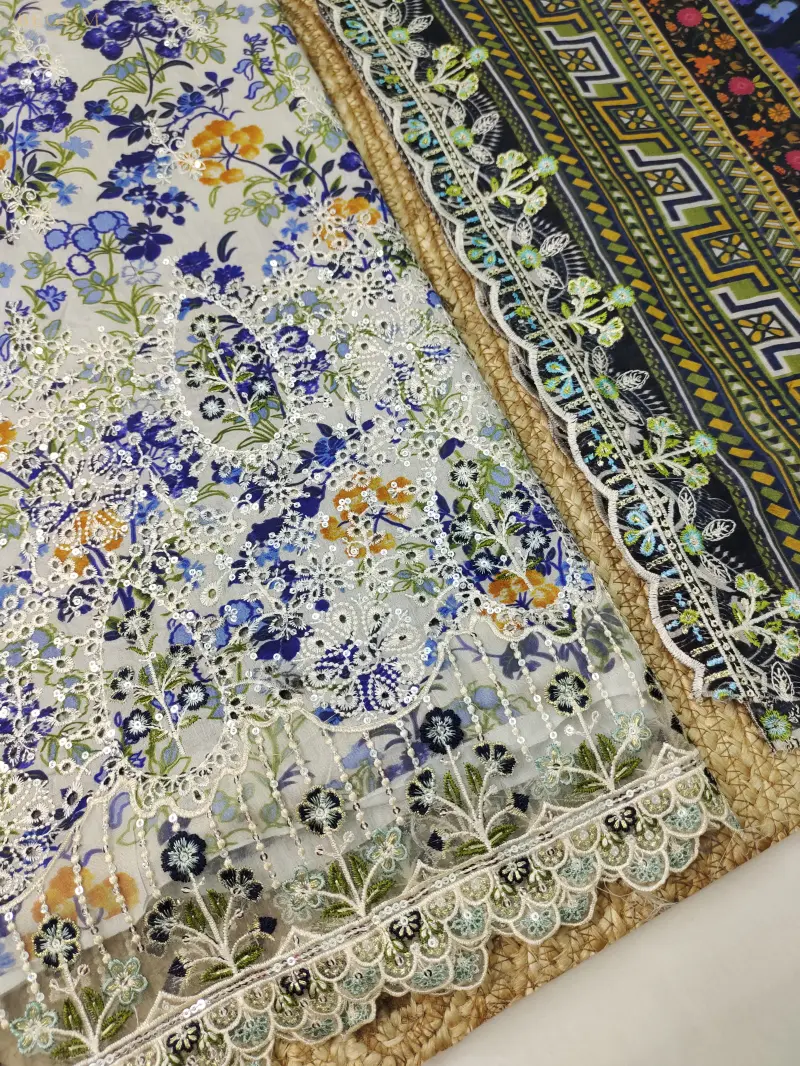 Bin Sayeed Inspired Premium Cotton 3 Piece (Blue Flower)