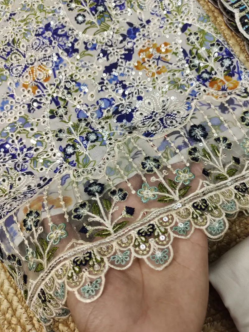 Bin Sayeed Inspired Premium Cotton 3 Piece (Blue Flower)