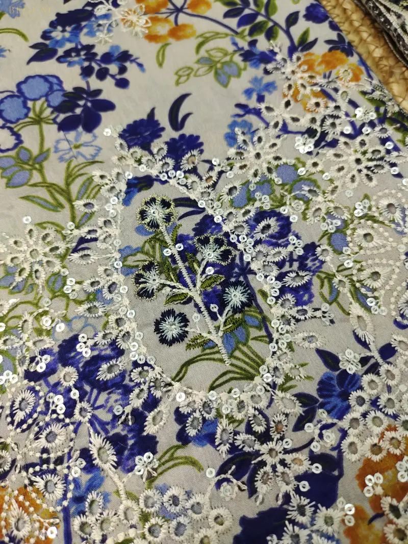 Bin Sayeed Inspired Premium Cotton 3 Piece (Blue Flower)