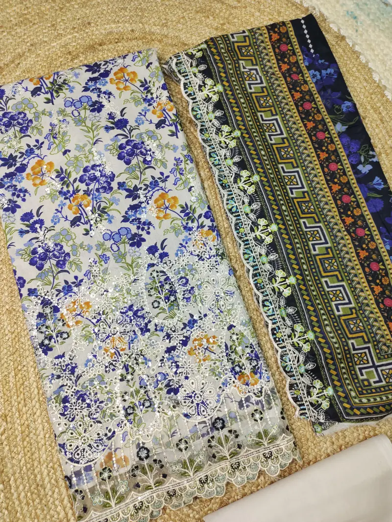 Bin Sayeed Inspired Premium Cotton 3 Piece (Blue Flower)